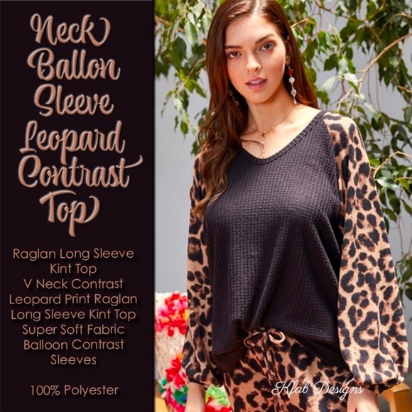 KFab Designs Tops - Neck Ballon Sleeve Leopard Contrast Top